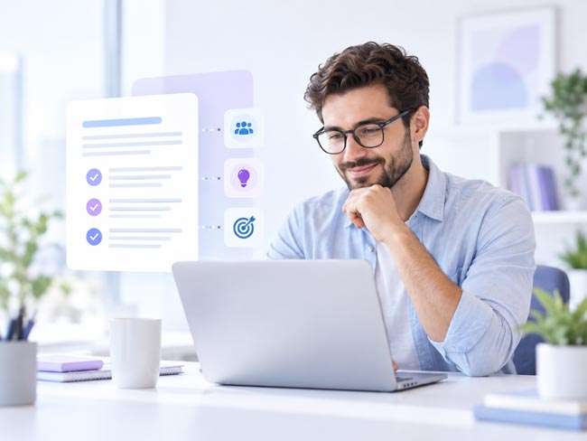 Man working at a laptop in a bright office