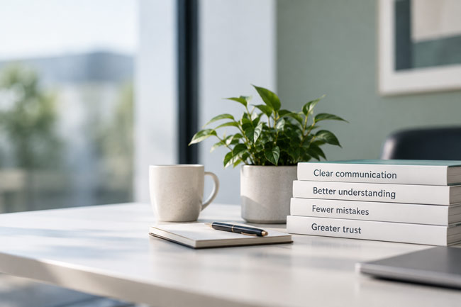 Potted plant and notebook on a bright office desk